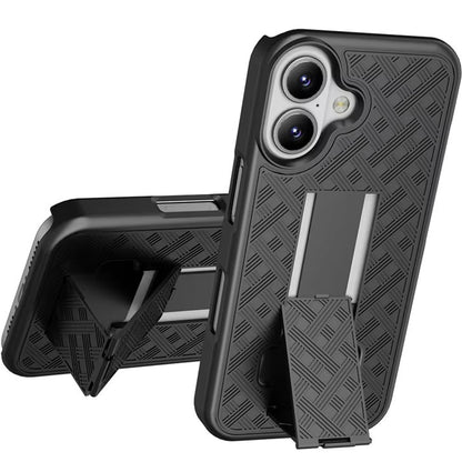 For Apple iPhone 16 (6.1") Premium Hybrid Texture Built-in Kickstand Holster Combo 3in1 Swivel Belt Clip Slim Shockproof Case Cover Black