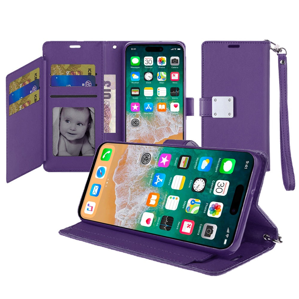 For Apple iPhone SE 4 Wallet Cases PU Leather with Credit Card /ID /Cash Holder Slot Dual Flip Pouch, Stand and Strap Case Cover Purple