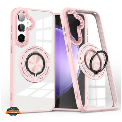 For Samsung Galaxy S24 FE /Fan Edition Clear Back Hybrid with Rotate Ring Stand & MagSafe Compatible Shockproof Slim TPU PC Case Cover