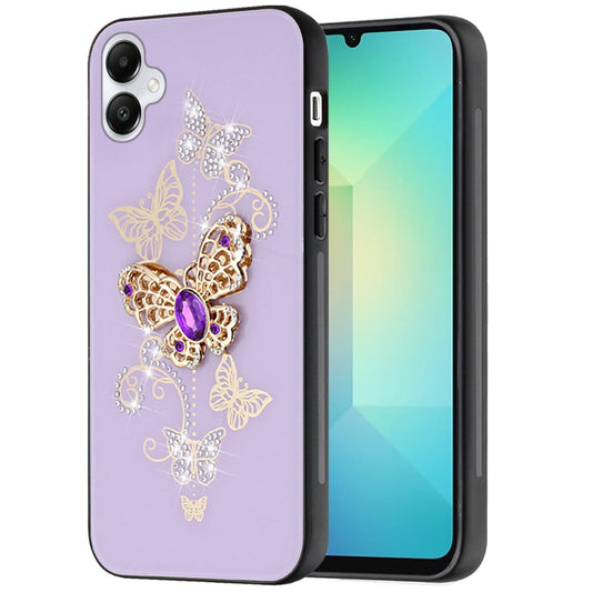 For Samsung Galaxy A06 Diamonds 3D Butterfly Bling Sparkly Glitter Ornaments Engraving Hybrid Metal Fashion Case Cover Purple Garden Butterflies