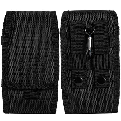 For Apple iPhone 16 Plus (6.7") Universal Vertical Pouch Case Nylon Cell Phone Holster with Belt Clip Loop, Carabiner and Credit Card Slot Cover [Black]