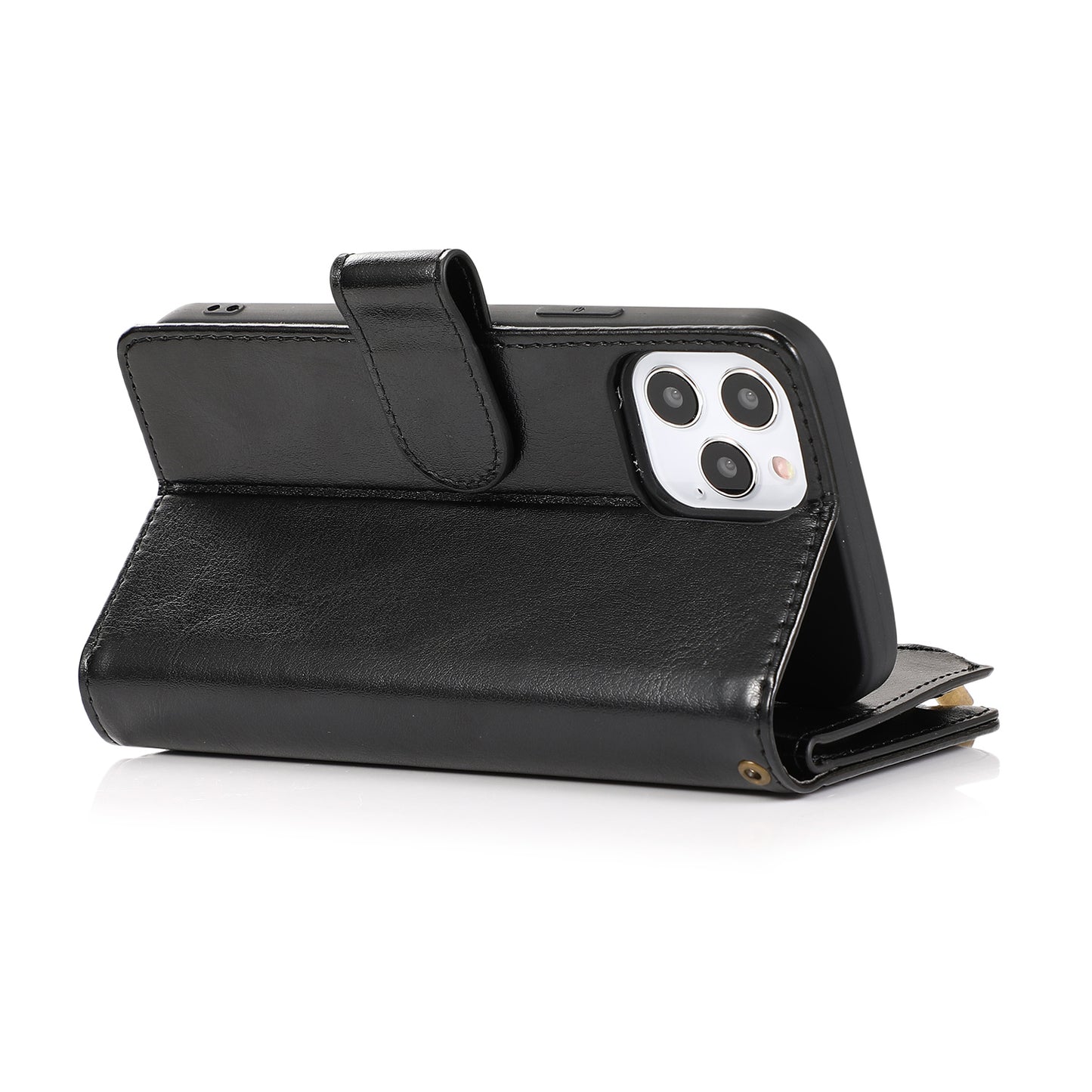 For Apple iPhone 11 (6.1") Leather Zipper Wallet Case 9 Credit Card Slots Cash Money Pocket Clutch Pouch with Stand & Strap Case Cover Black