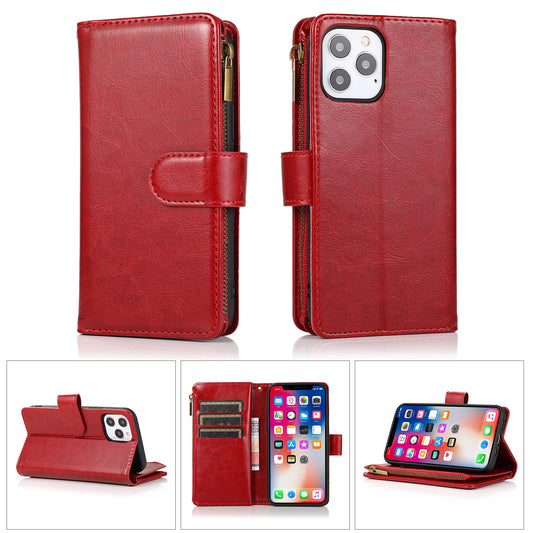 For Apple iPhone 16 Pro Max (6.9") Leather Zipper Wallet Case 9 Credit Card Slots Cash Money Pocket Clutch Pouch Stand & Strap Case Cover Red