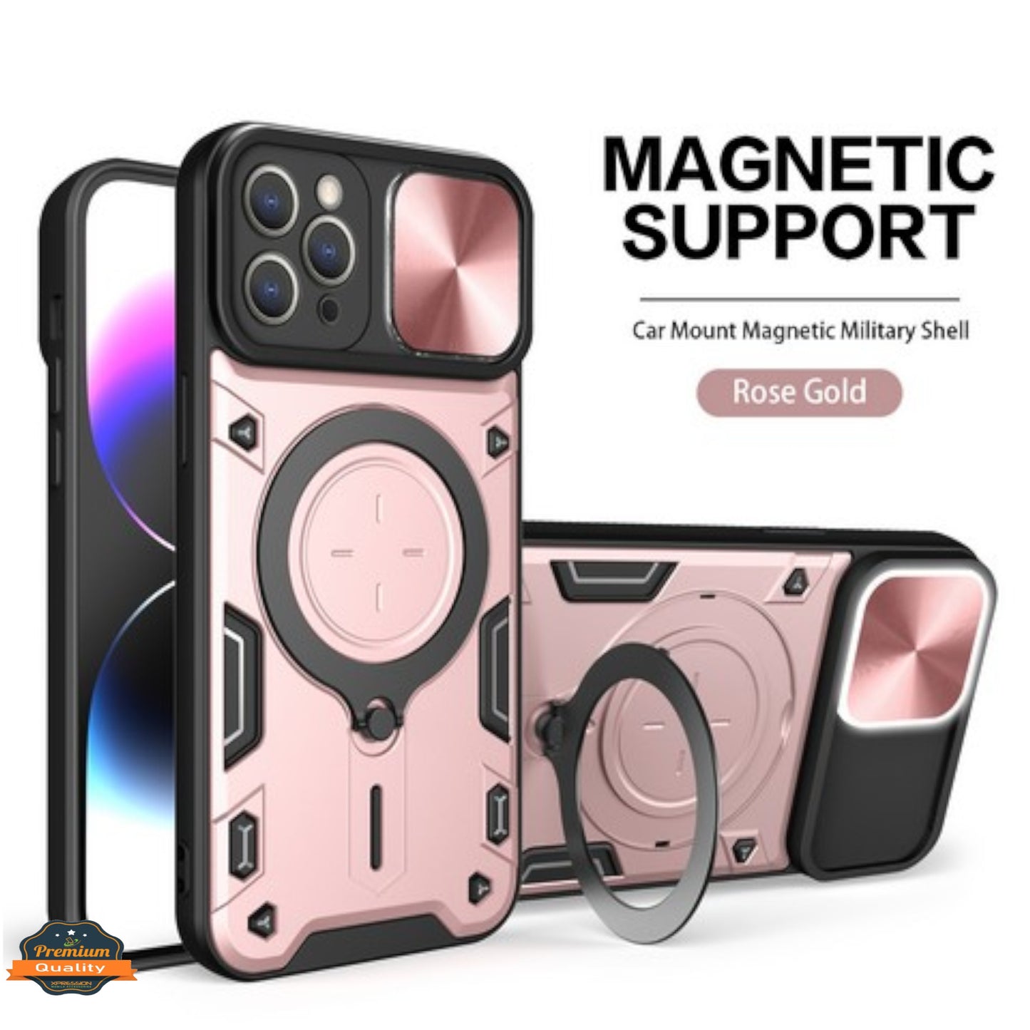 For Apple iPhone 16 (6.1") Magnetic Circle Ring Stand Compatible with Magsafe and Sliding Camera Lens Protector Hybrid Shockproof Case Cover