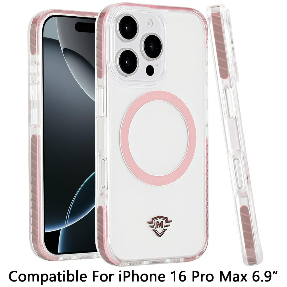 For Apple iPhone 16 Pro Max (6.9") Hybrid Transparent TPU Circle Magnetic [Compatible with MagSafe] Shockproof Color Frame Bumper Case Cover