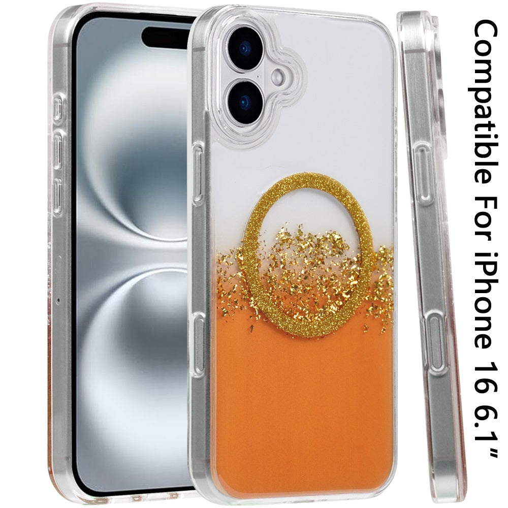 For Apple iPhone 16 (6.1") Transparent Epoxy Glitter Magnetic Circle Compatible with MagSafe Hybrid Bling Sparkle Hard PC Slim TPU Case Cover