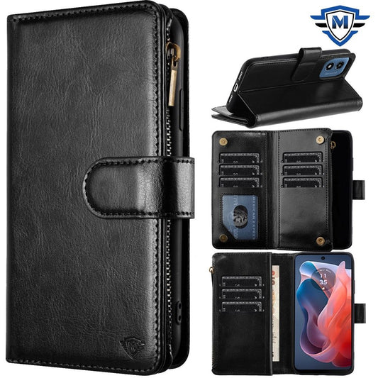 For Apple iPhone 16 (6.1") Premium Leather Zipper Wallet with Credit Card Slots Money Pocket Luxury Clutch Pouch Stand & Strap Case Cover Black