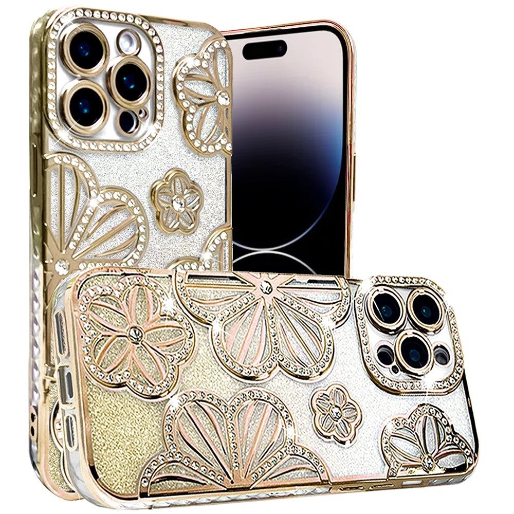 For Apple iPhone 12 Pro Max (6.7") Luxury Floral Design Sparkle Glitter Diamond Crystal Rhinestone Shimmer Bling Plating Thick TPU Hard PC Case Cover