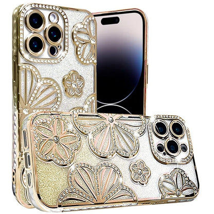 For Apple iPhone 11 Pro Max Luxury Floral Design Sparkle Glitter Diamond Crystal Rhinestone Shimmer Bling Plating Thick TPU Hard PC Case Cover