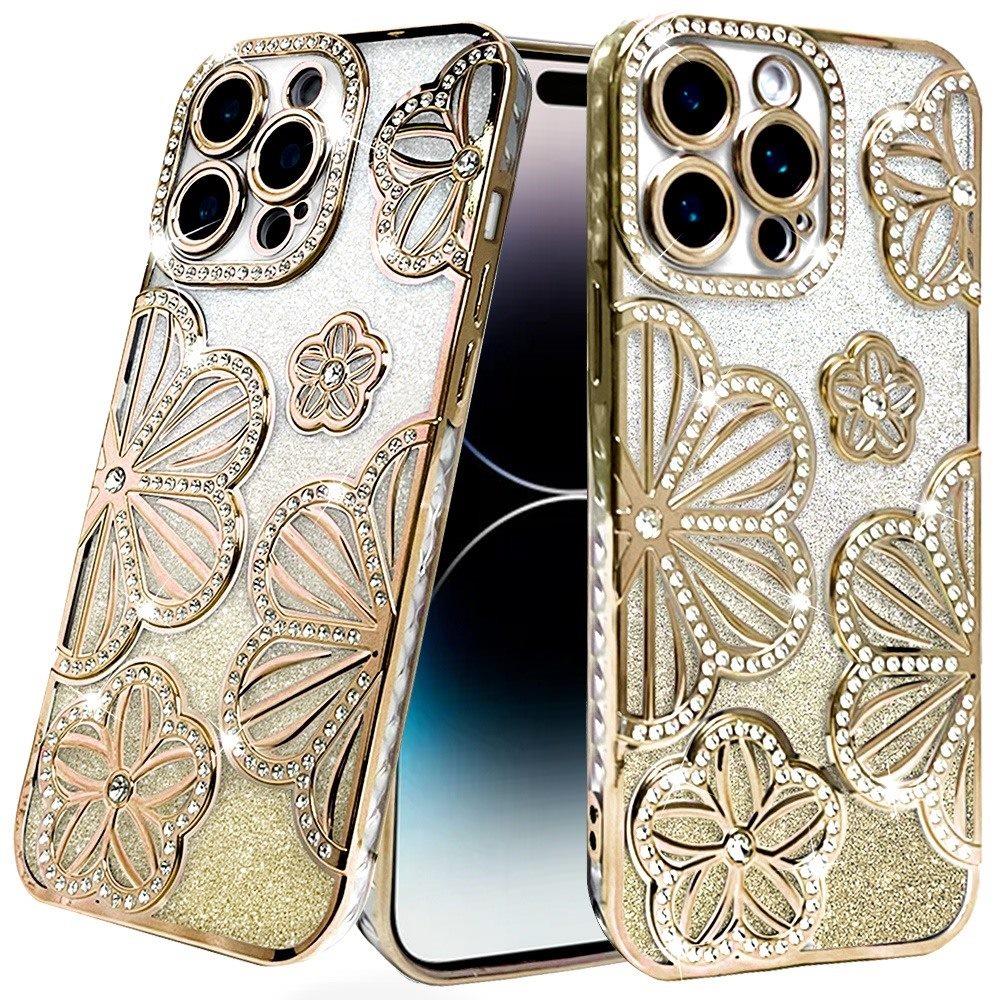 For Apple iPhone 12 Pro Max (6.7") Luxury Floral Design Sparkle Glitter Diamond Crystal Rhinestone Shimmer Bling Plating Thick TPU Hard PC Case Cover