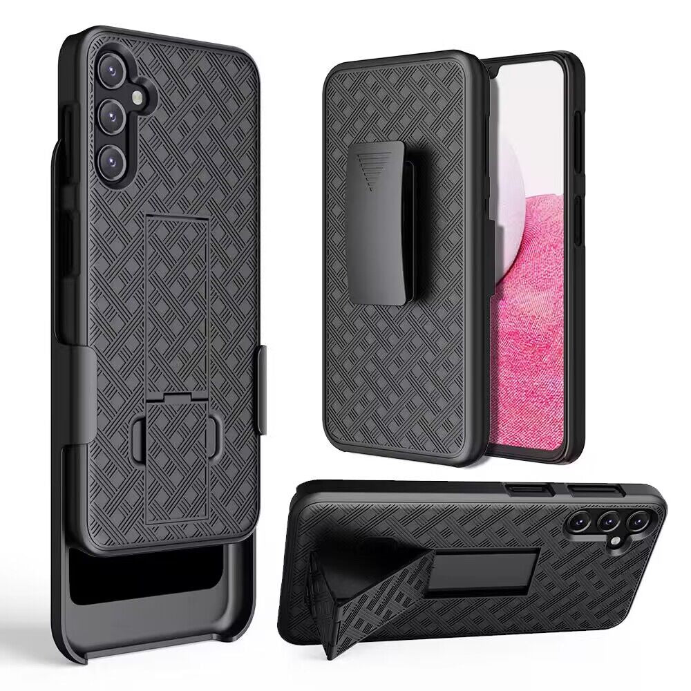 For Apple iPhone 16 (6.1") Premium Hybrid Texture Built-in Kickstand Holster Combo 3in1 Swivel Belt Clip Slim Shockproof Case Cover Black