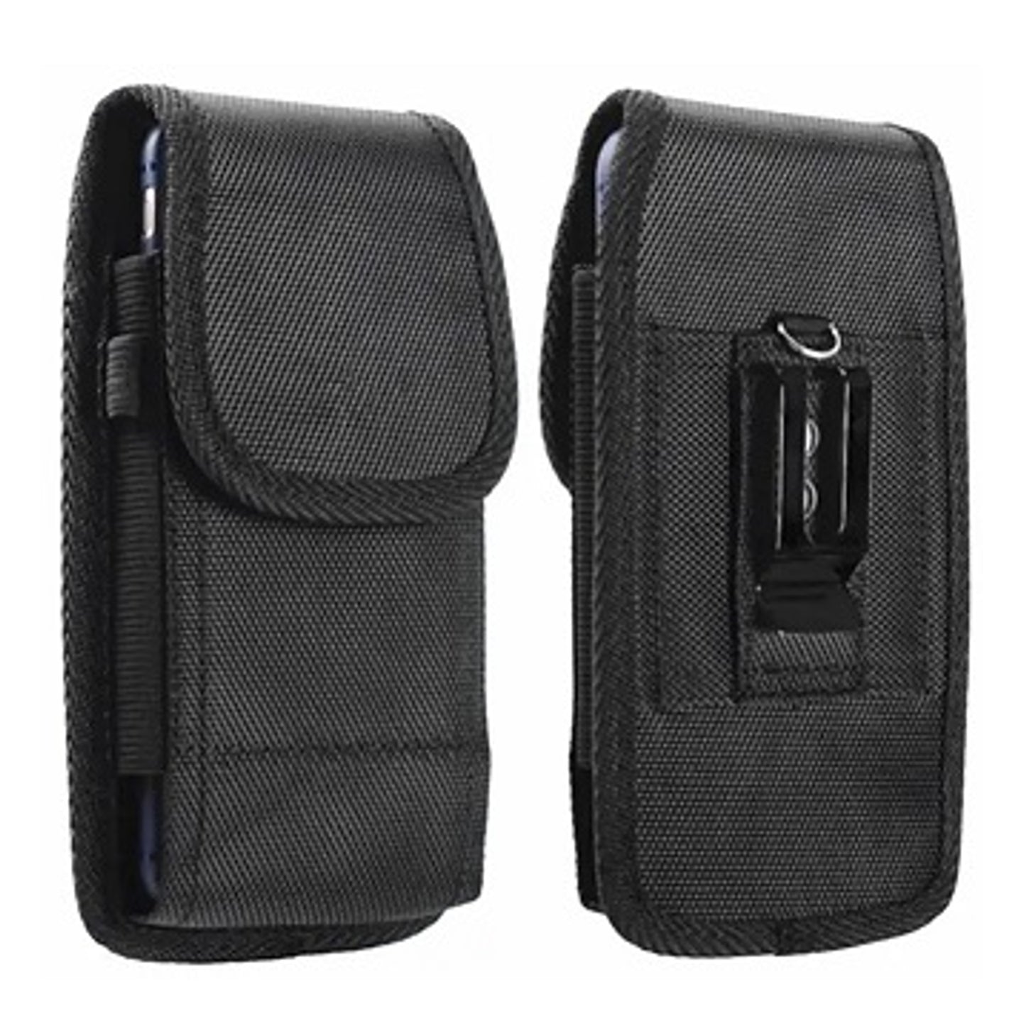 For Apple iPhone 16 Plus (6.7") Nylon Canvas Fabric Waist Belt Holster Vertical Pouch Holds XL Phone Works with Thick Cases Universal Cover [Black]