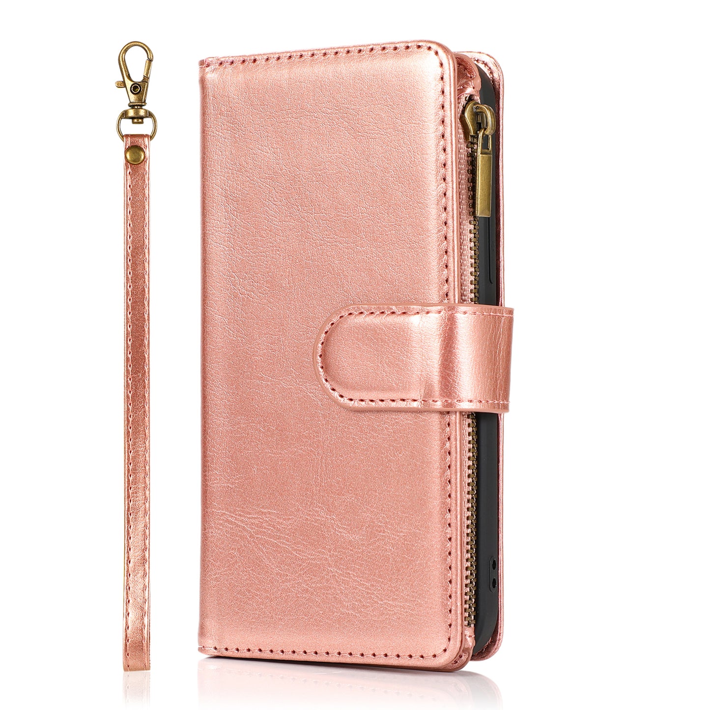 For Apple iPhone SE 4 PU Leather Zipper Wallet Case 9 Credit Card Slots Cash Money Pocket Clutch Pouch with Stand & Strap Case Cover Rose Gold