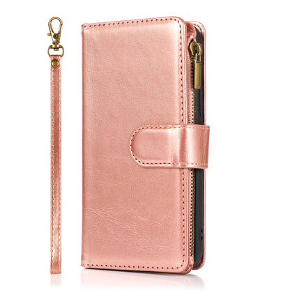 For Apple iPhone 11 (6.1") Leather Zipper Wallet Case 9 Credit Card Slots Cash Money Pocket Clutch Pouch with Stand & Strap Case Cover Rose Gold