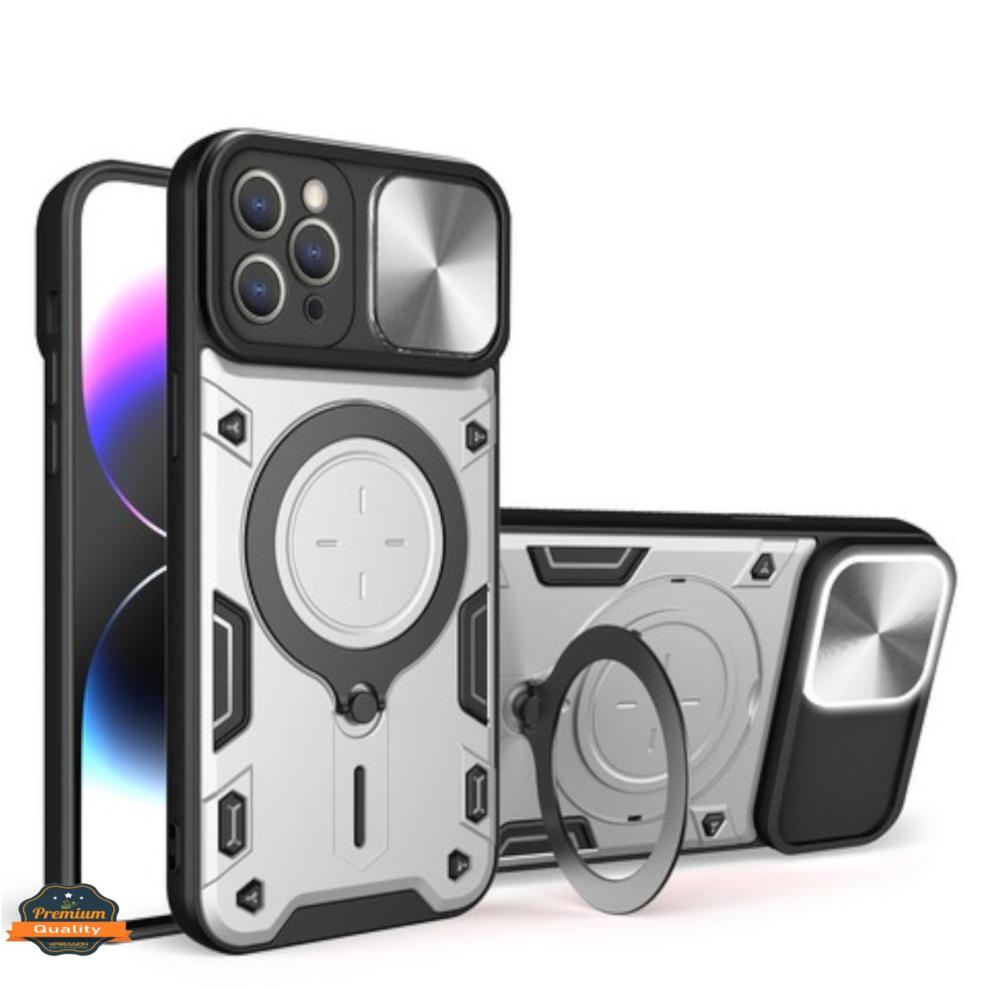 For Apple iPhone 16 Plus (6.7") Magnetic Circle Ring Stand Compatible with Magsafe and Sliding Camera Lens Protector Hybrid Shockproof Case Cover