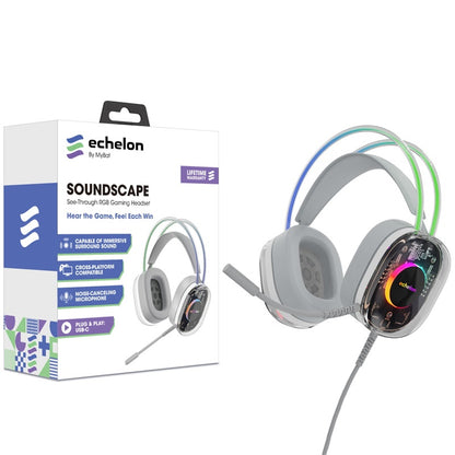 Echelon SoundScape See-Through RGB Gaming Headset w/ USB-C Mic - Grey, Hands-free