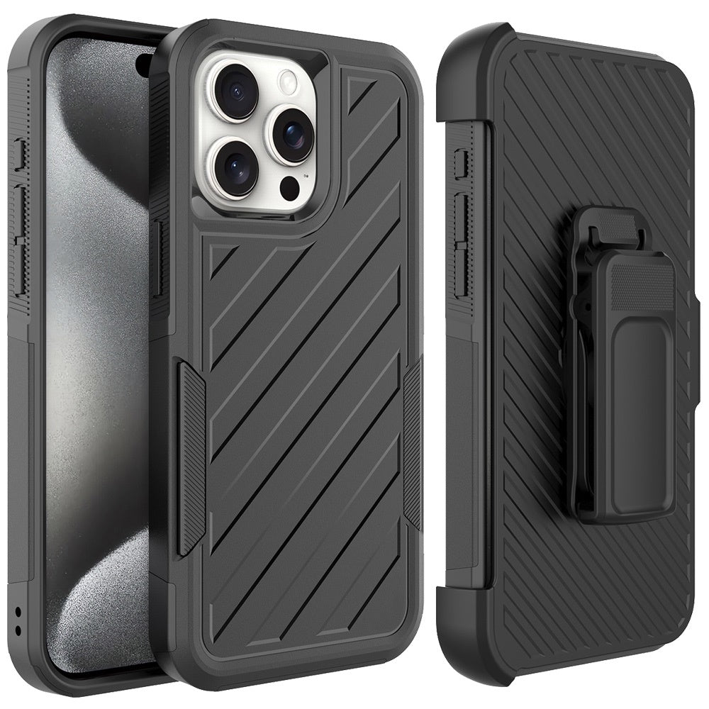 For Apple iPhone 16 (6.1") Premium Design Hybrid lined with Belt Clip Holster Shockproof Rugged Textured 2in1 Non Slip Tough Case Cover Black