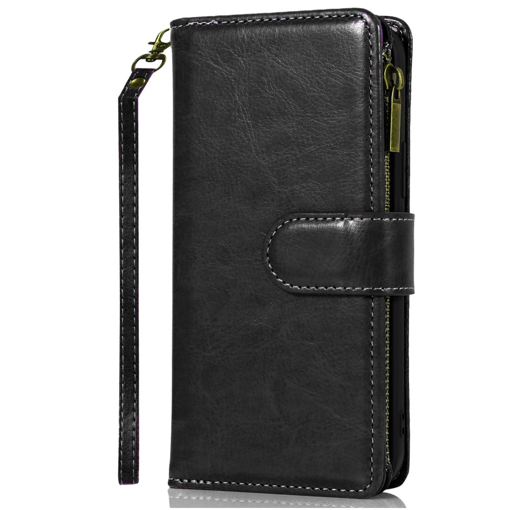 For Cricket Debut S3 Leather Zipper Wallet Case 9 Credit Card Slots Cash Money Pocket Clutch Pouch Stand & Strap Case Cover Black