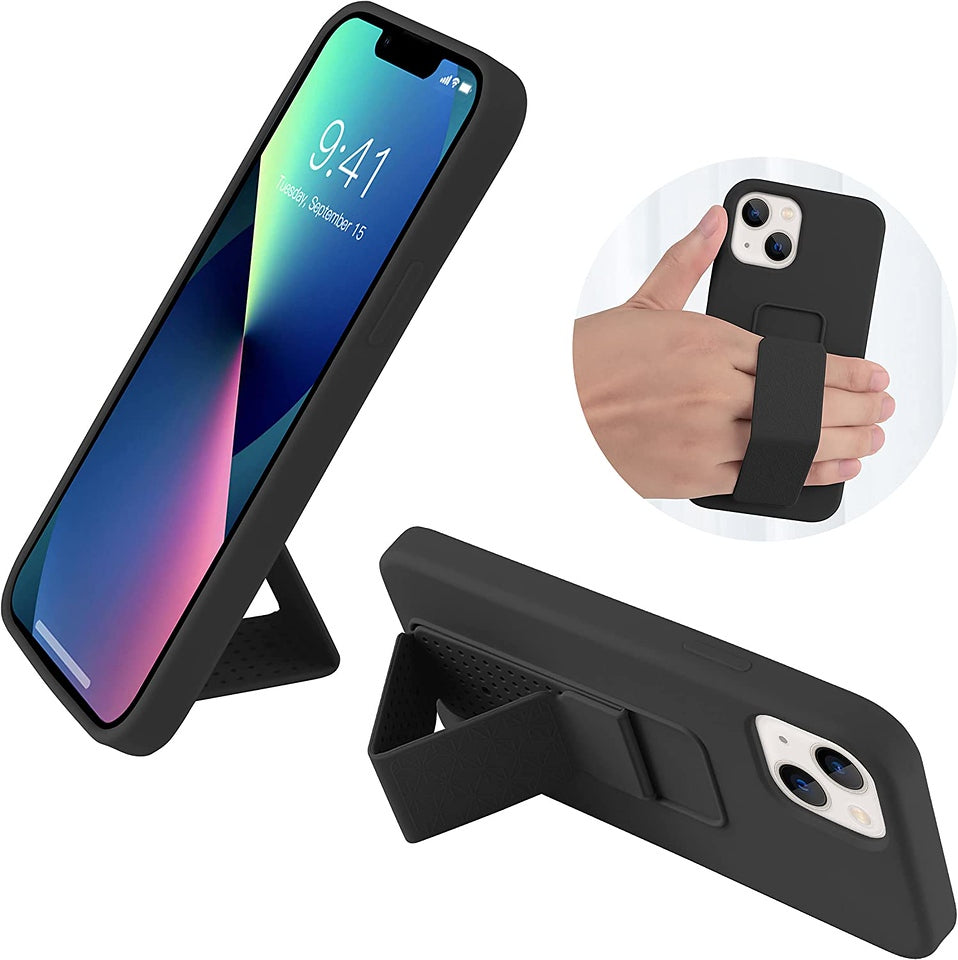 For Apple iPhone 15 Plus (6.7") PU Leather Back Foldable Kickstand Hand Strap Stand Hybrid Heavy Duty Shockproof  Phone Case Cover