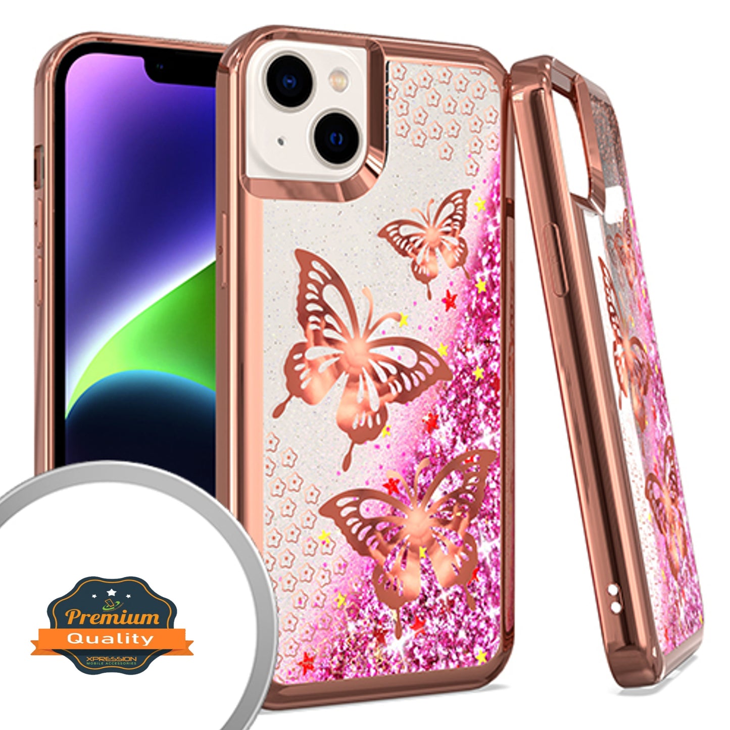 For Apple iPhone 15 Pro Max (6.7") Quicksand Liquid Glitter Bling Flowing Sparkle Fashion Hybrid TPU Chrome Plating Butterfly Phone Case Cover