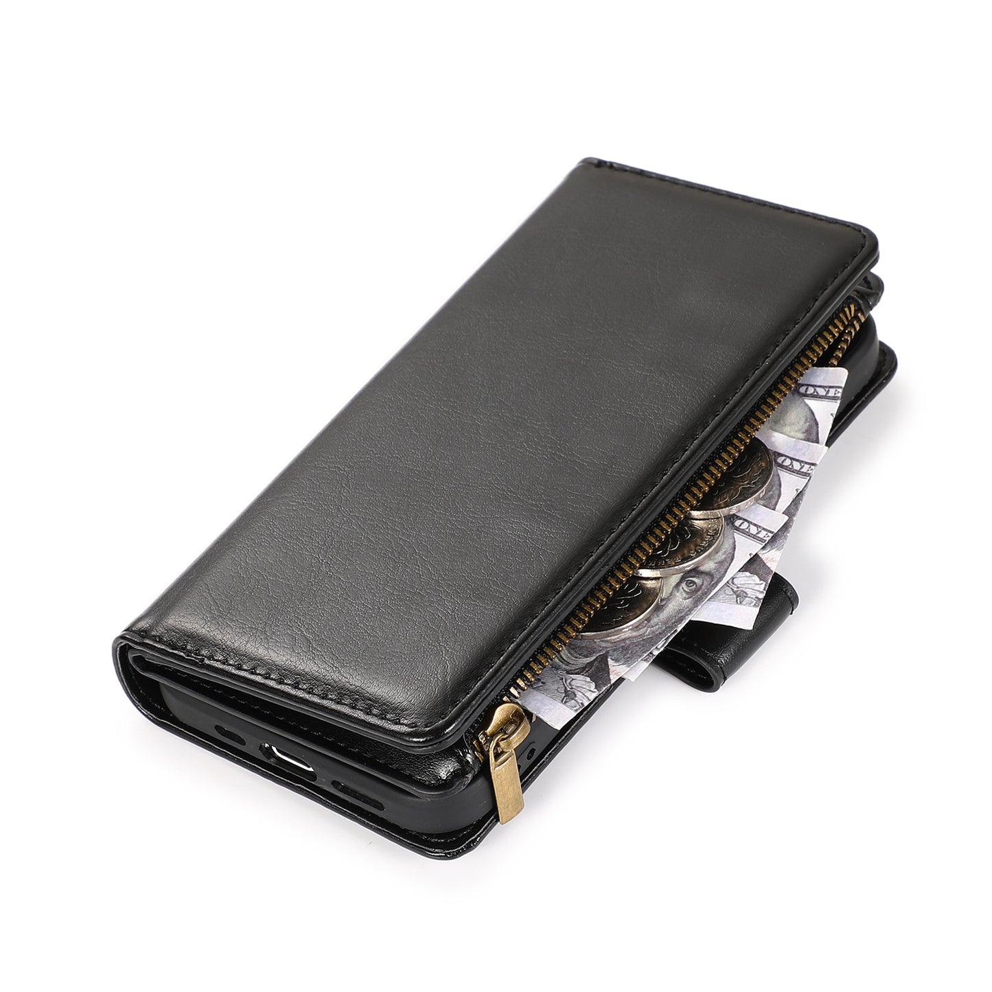 For Apple iPhone 11 (6.1") Leather Zipper Wallet Case 9 Credit Card Slots Cash Money Pocket Clutch Pouch with Stand & Strap Case Cover Black