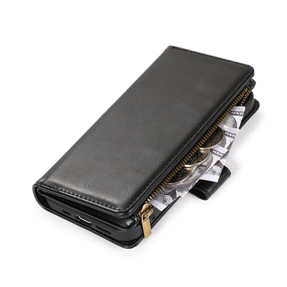 For Samsung Galaxy A36 Leather Zipper Wallet Case 9 Credit Card Slots Cash Money Pocket Clutch Pouch with Stand & Strap Case Cover Black