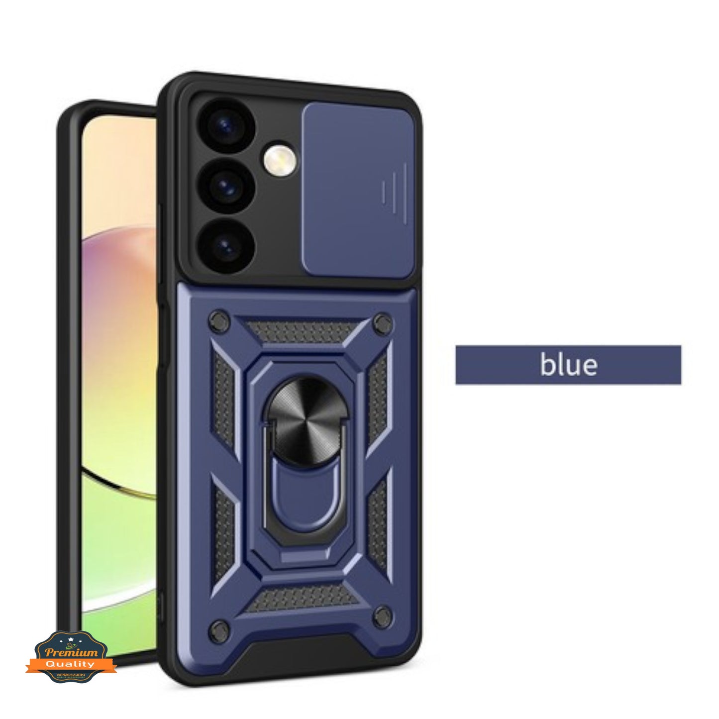 For Samsung Galaxy S24 FE /Fan Edition Built in Sliding Camera Lens Protection & Finger Ring Stand Holder Hybrid TPU PC Shockproof Case Cover