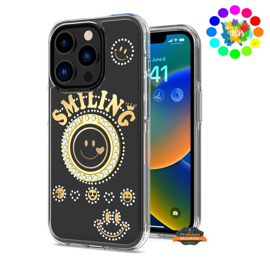 For Apple iPhone 16 Plus (6.7") Smiling Glitter Ornament Bling Sparkle with Ring Stand Hybrid Slim TPU + Hard Back Shell Case Cover