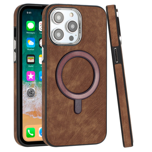 For Apple iPhone 16 Pro (6.3") PU Vegan Leather Chrome Edged Hybrid Hard PC TPU Rubber Compatible with MagSafe Case Cover