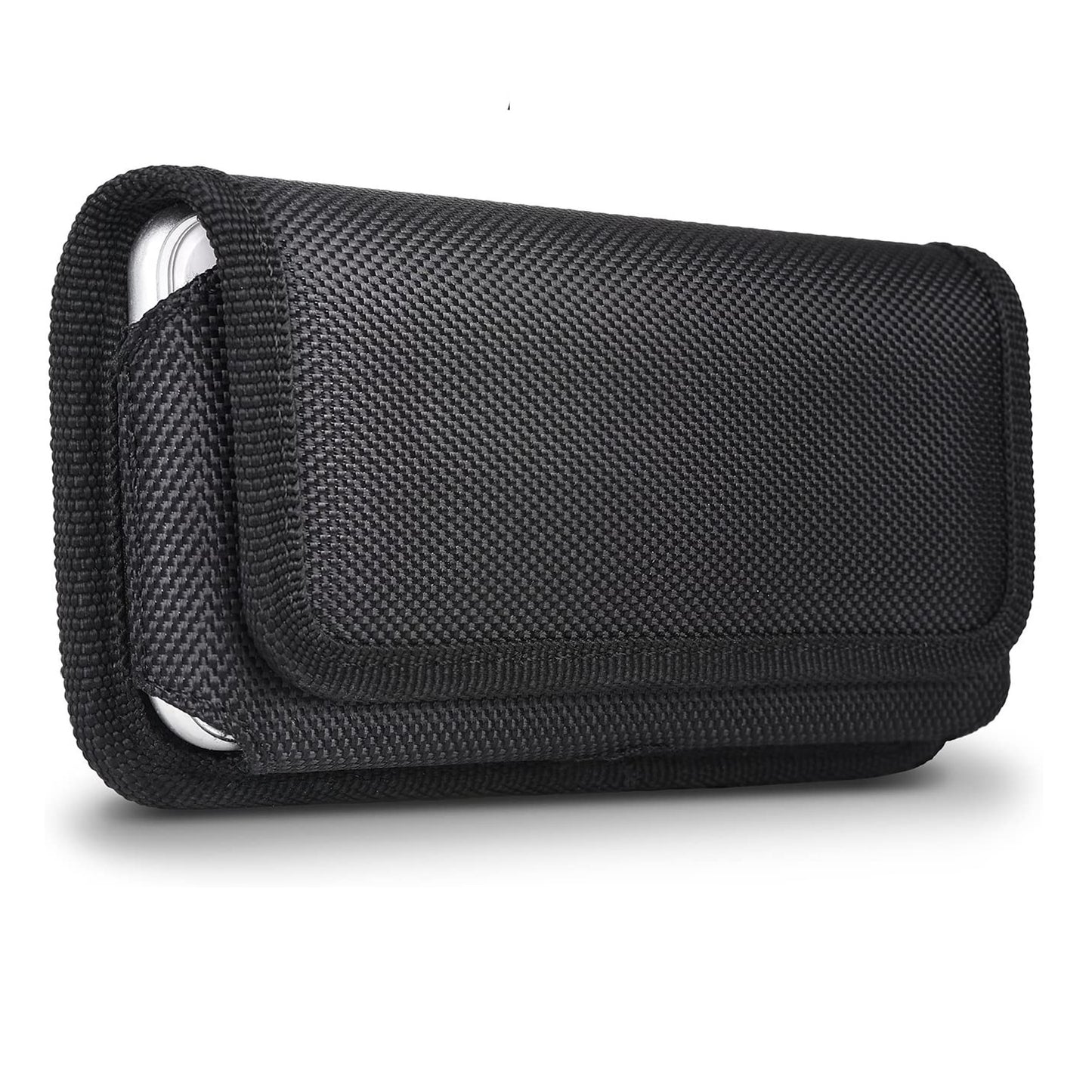 For Apple iPhone 16 Plus (6.7") Nylon Canvas Fabric Waist Belt Holster Horizontal Pouch Holds XL Phone Works with Thick Cases Universal Cover [Black]