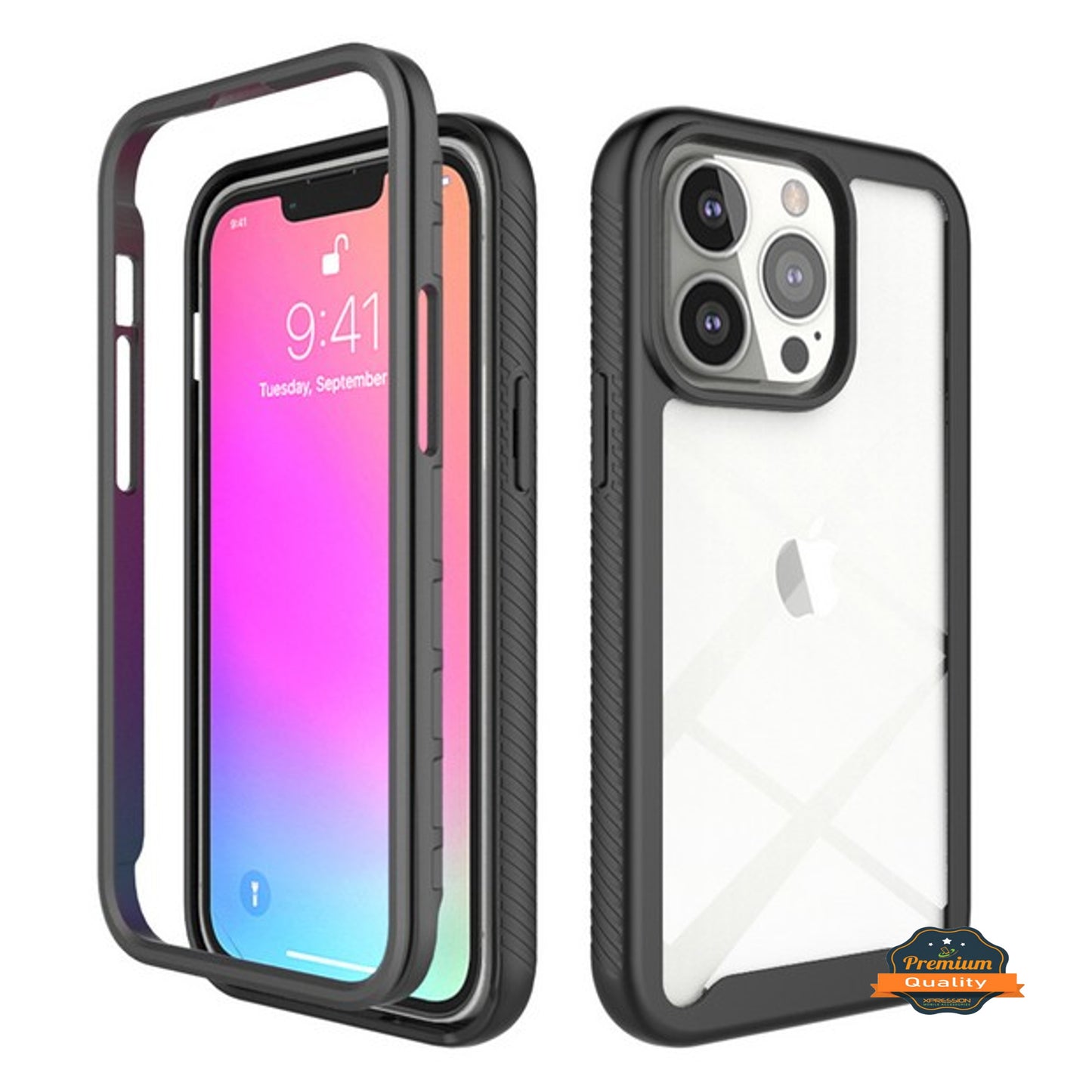 For Apple iPhone 15 Pro Max (6.7") Full Body Slim Hybrid Double Layer Hard TPU Transparent Back Rugged Shockproof  Phone Case Cover