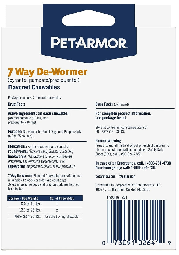 PetArmor 7 Way De-Wormer for Small Dogs and Puppies 6-25 Pounds [Dog Supplies for Dog] 6 count