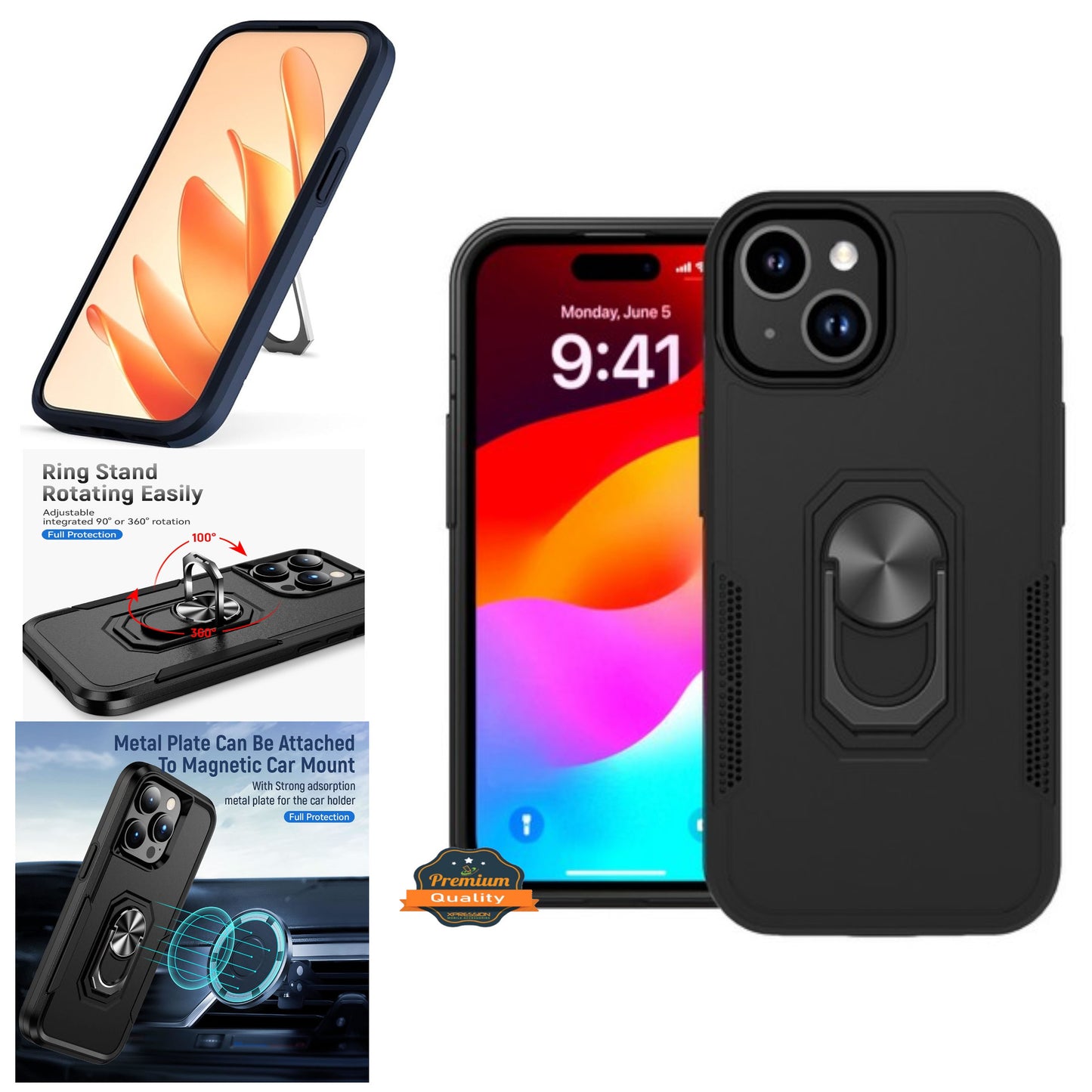 For Apple iPhone 15 (6.1") Military Grade Armor Heavy Shockproof Hybrid with Kickstand Built-in 360°Rotate Ring Stand  Phone Case Cover