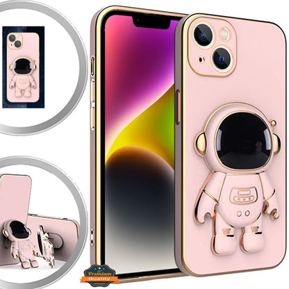 For Apple iPhone 15 (6.1") Astronaut Hidden Stand Holder Plating Hybrid Electroplated Bumper Shockproof Armor Cute  Phone Case Cover