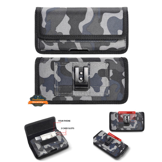 For Apple iPhone 16 Pro (6.3") Universal Horizontal Cell Phone Case Camo Print Holster Carrying Pouch with Belt Clip & 2 Card Slots XLarge Devices [Grey Blue Camouflage]