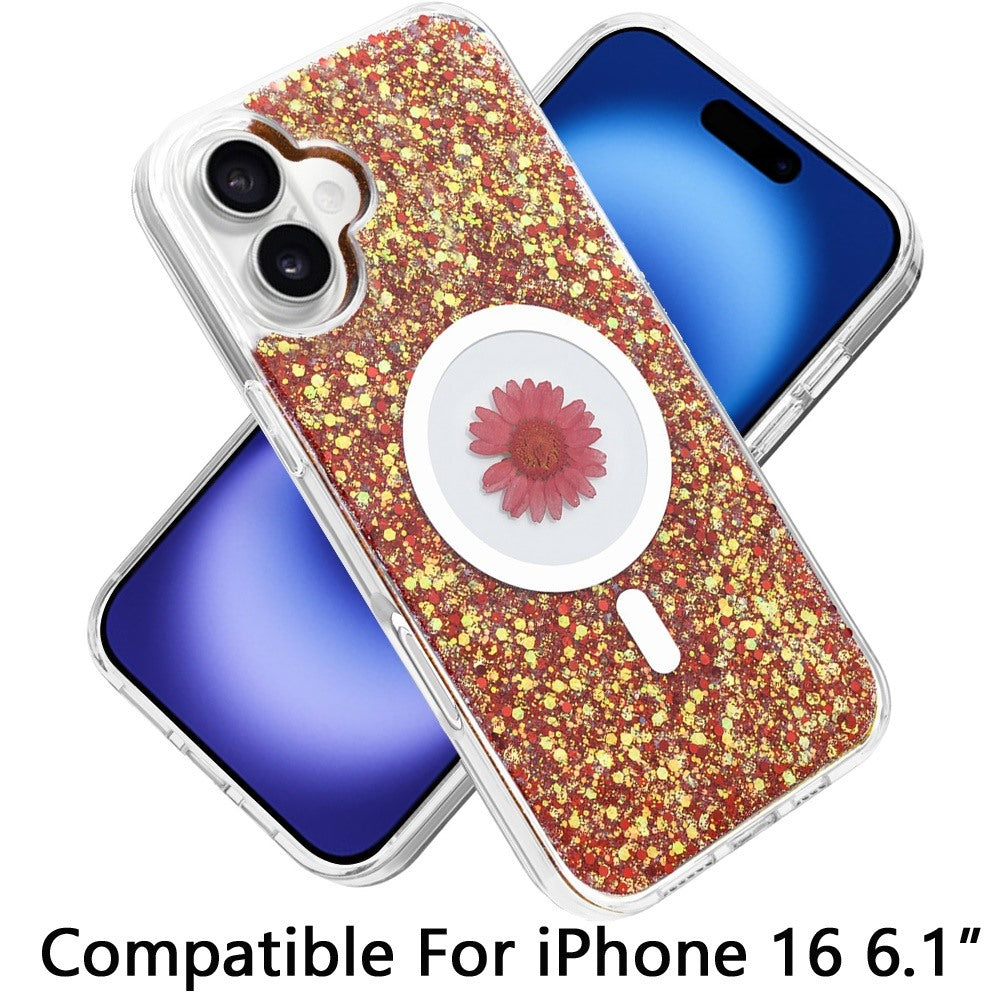 For Apple iPhone 16 (6.1") Magnetic Circle MagSafe Wireless Compatible Epoxy Glitter Flower Shiny Sparkle Bling Hybrid Slim TPU Case Cover