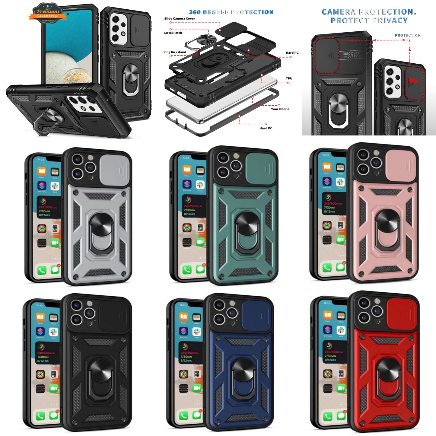 For Apple iPhone 15 (6.1") Built in Sliding Camera Lens Protection & Finger Ring Stand Holder Hybrid PC Shockproof  Phone Case Cover