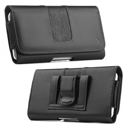 For Apple iPhone 16 Pro (6.3") Universal Premium Horizontal Leather Case Pouch with Magnetic Closure, Belt Clip & Belt Loops Holster Cover [Black]