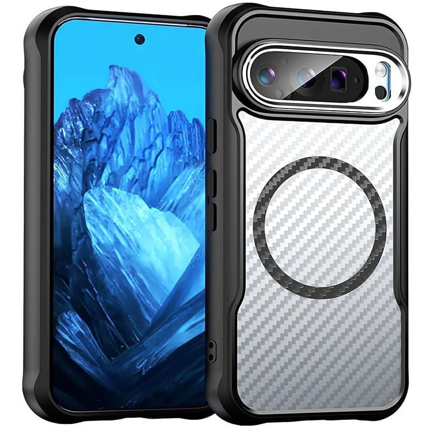 For Google Pixel 9 Pro XL (6.8") Carbon Fiber Cover Shockproof Hybrid [Compatible with Magsafe] Case Black Case Cover Black