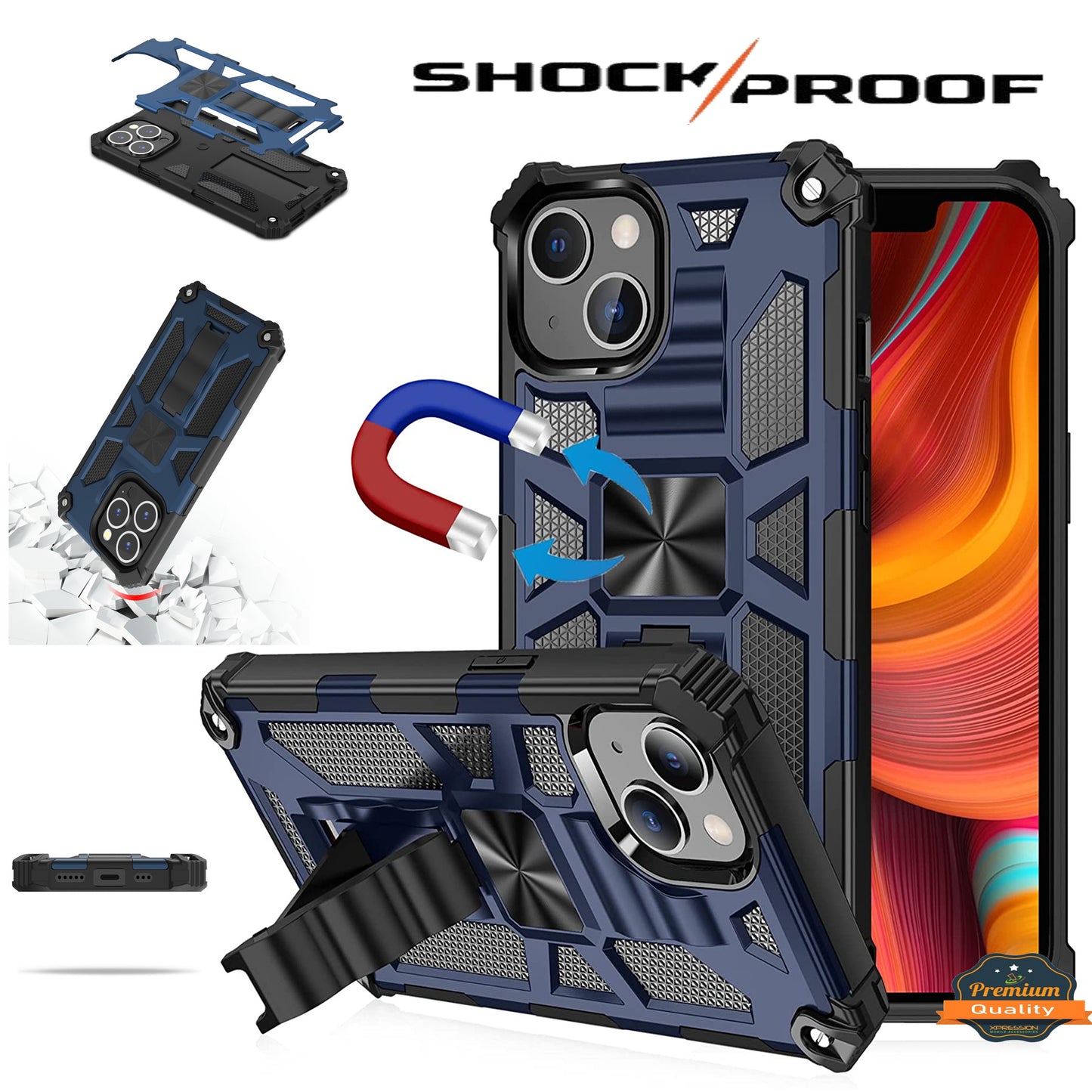 For Apple iPhone 15 (6.1") Built in Magnetic Kickstand, Military Hybrid Bumper Heavy Duty Dual Layers Rugged Stand  Phone Case Cover