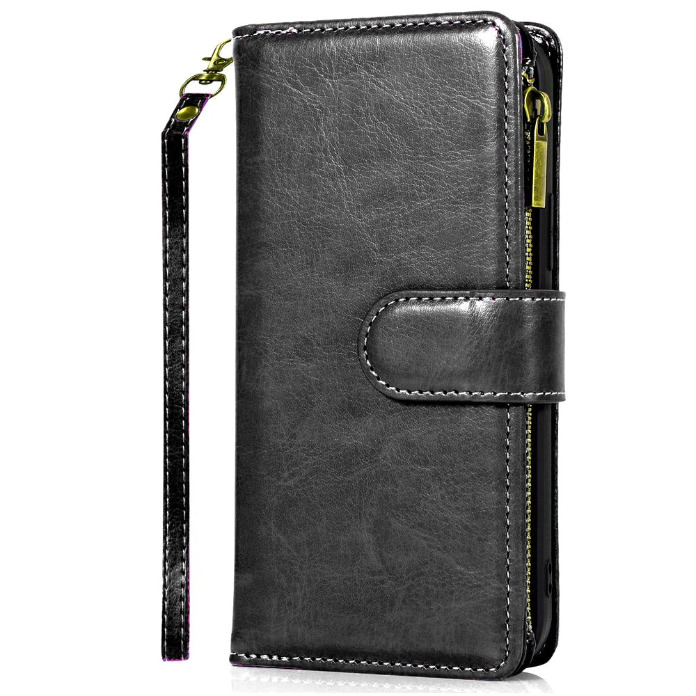 For Samsung Galaxy A36 Leather Zipper Wallet Case 9 Credit Card Slots Cash Money Pocket Clutch Pouch with Stand & Strap Case Cover Black