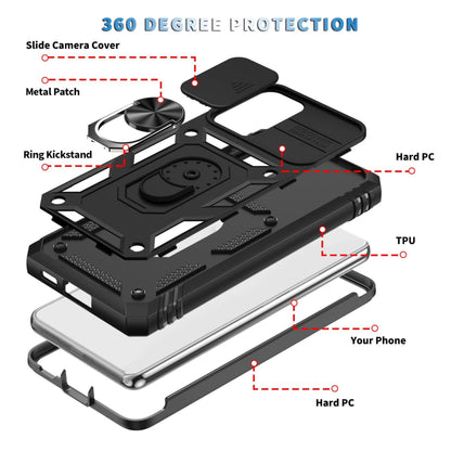 For Apple iPhone 15 Pro Max (6.7") Built in Sliding Camera Lens Protection & Finger Ring Stand Holder Hybrid Shockproof  Phone Case Cover