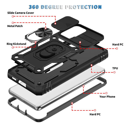 For Apple iPhone 16 Pro Max (6.9") Built in Sliding Camera Lens Protection & Finger Ring Stand Holder Hybrid PC Shockproof Case Cover