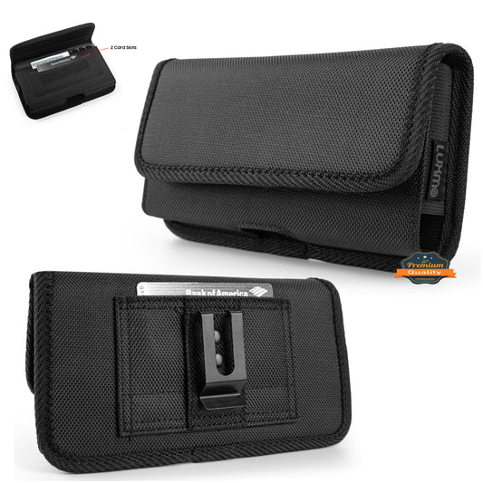 For Apple iPhone 16 Pro Max (6.9") Universal Horizontal Cell Phone Case Fabric Holster Carrying Pouch with Belt Clip and 2 Card Slots fit XXL Devices [Black]