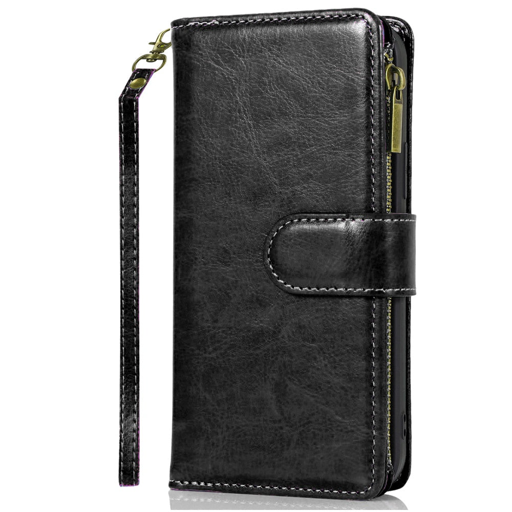 For Apple iPhone SE 4 PU Leather Zipper Wallet Case 9 Credit Card Slots Cash Money Pocket Clutch Pouch with Stand & Strap Case Cover Black