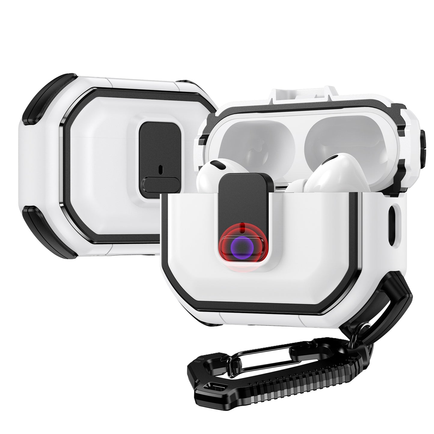 For Apple AirPods 4 Heavy Duty Hybrid Snap Switch Button, Secure Lock Clip Super Protective with Carabiner Belt Loop Case Cover