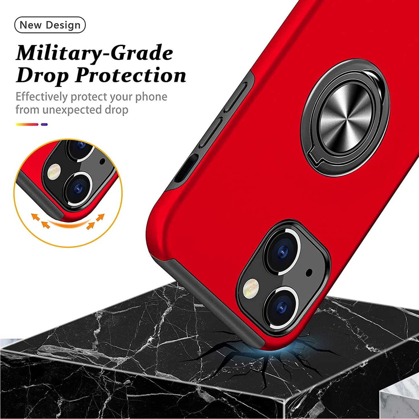 For Apple iPhone 15 (6.1") Hybrid Military Grade with Flat Metal Ring Stand 360° Rotation Kickstand Hard PC Back Slim Fit  Phone Case Cover