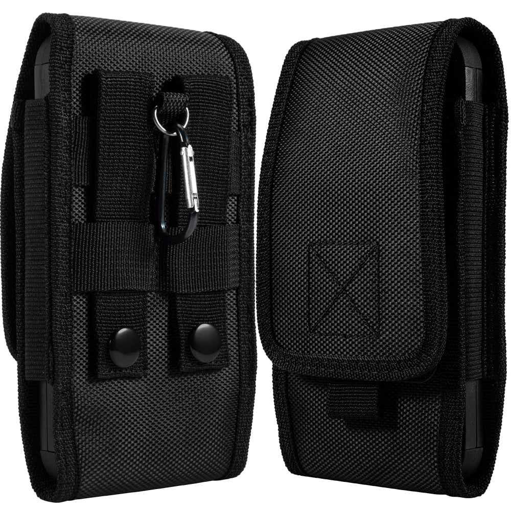 For Apple iPhone 16 Plus (6.7") Universal Vertical Pouch Case Nylon Cell Phone Holster with Belt Clip Loop, Carabiner and Credit Card Slot Cover [Black]