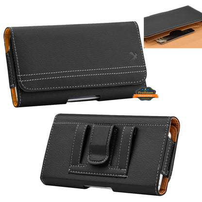 For Apple iPhone 16 Pro Max (6.9") Horizontal Universal Carrying Pouch Cell Phone Case PU Leather Holster Belt Clip Loop Card Slot & Magnetic Closure [Black]