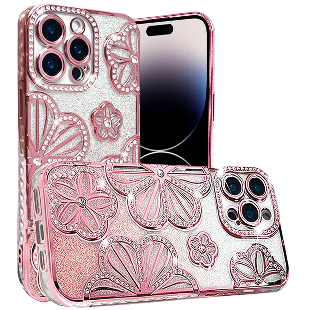 For Apple iPhone 12 Pro Max (6.7") Luxury Floral Design Sparkle Glitter Diamond Crystal Rhinestone Shimmer Bling Plating Thick TPU Hard PC Case Cover